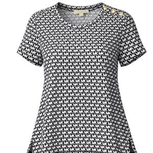 Michael Kors Black White MK Monogram Logo Short Sleeve Top Gold Shoulder Buttons